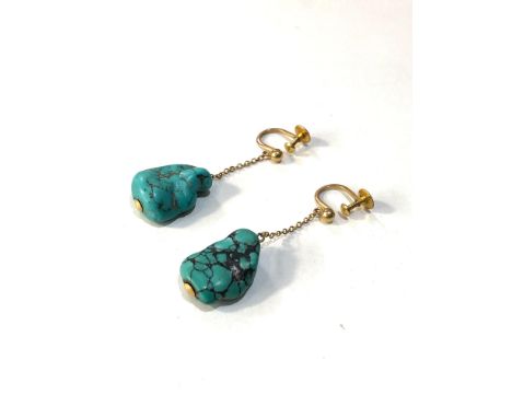Vintage 9ct  Gold and Matrix Turquoise drop earrings measure approx 4cm drop in good condition 