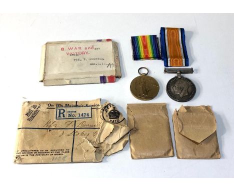 ww1 medal pair with postal packet and ribbons named to 28593 t dusnall somerset light infantry 