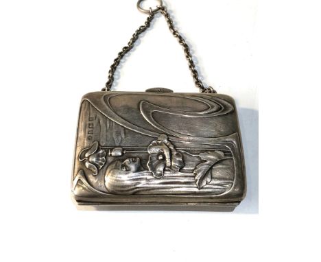 Antique silver art nouveau purse Birmingham silver hallmarks measures approx 8.5cm by 6.5cm fitted interior good overall cond