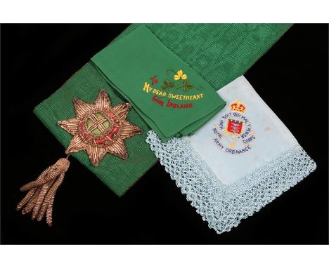 Green watered silk effect sash with embroidered military style crest with tassel, Royal Army Ordinance Corps sweetheart handk