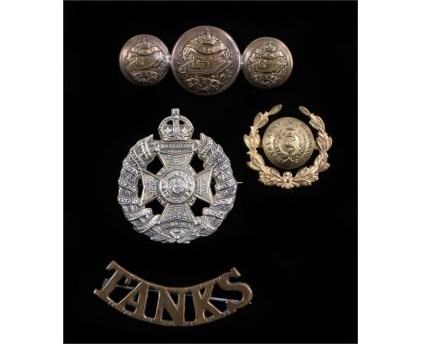 World War One sweetheart badge made from Tank Corps buttons, pin back, together with a Tank Corps shoulder title fitted with 