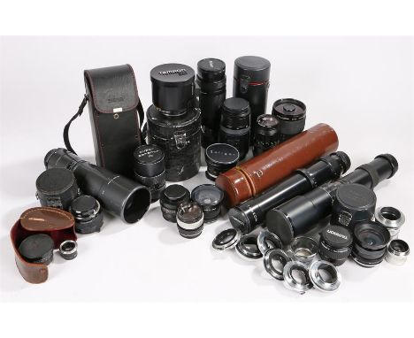 Collection of camera lenses, to include a Tamron SP, Petri 1:35, Soligor Wide Angle, Tamron adpt, Nikon AF Nikkor, Palinar, S