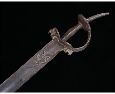 18th century Indian firangi sword, single edged blade, broad knuckle bow, steel grip cup shaped, long pommel blade length 90c