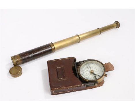 19th Century three drawer telescope, of small proportions, 41cm extended, together with compass in leather case, (2)