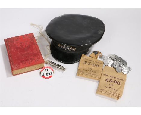British Railways cap with enamel badge, drivers I.D badge, the Acme City whistle the official guide to the Great Eastern Rail