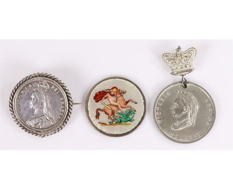 George III enamel Crown, with St George and the Dragon in enamel with white enamel ground, together with a Victoria Half Crow