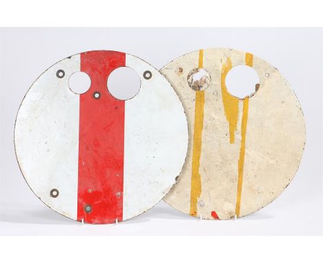 Pair of enamel ground signal discs, in white and red, (2)