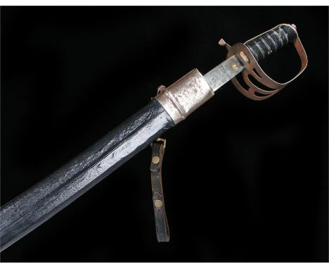 20th Century Indian sword, the sword with acid etched blade, leather bound grip, leather scabbard with metal mounts and chape