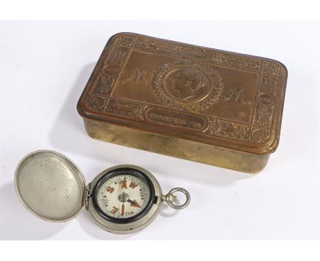 World War One Queen Mary brass Christmas 1914 tin, together with a J.M Glauser mk VI compass dated 1940, of pocket watch form