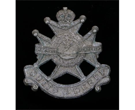 World War Two plastic economy cap badge to the Sherwood Foresters (Nottinghamshire and Derbyshire Regiment) in silver grey, t
