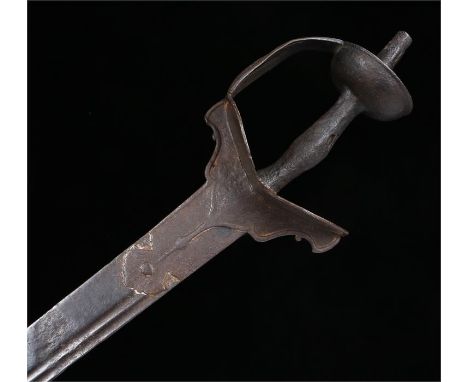 18th century Indian firangi sword, single edged blade, two fullers the steel basket hilt langets and supports both with pierc