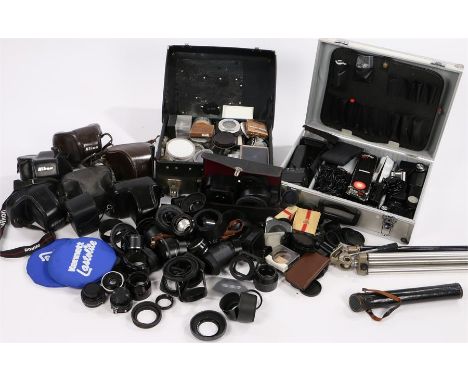 Collection of camera equipment, to include fittings, shades, tripod, camera cases, flash units, filters, etc, (qty)