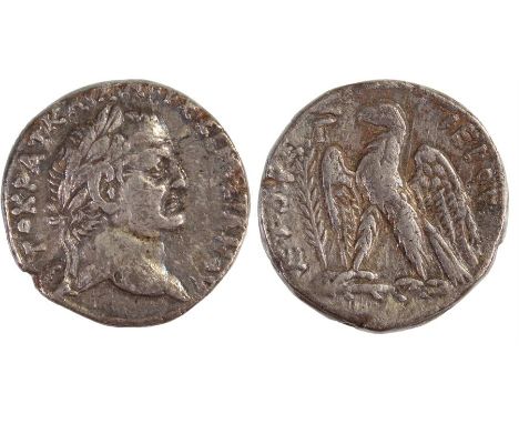 Vespasian Tetradrachm, AD 70/71, Antioch provincial mint, Obverse, Laureate portrait of Vespasian facing right. Reverse: Stan