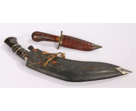 Indian Kukri, housed within the leather scabbard, together with a smaller knife with wooden scabbard (2)