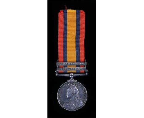 Queen South Africa medal, two clasps Tugela Heights, Relief of Ladysmith (4186 Pte R. Roberts, R Welsh Fus) 