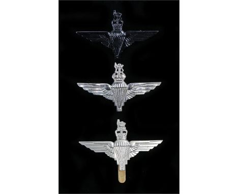Pre 1952 cap badge to the Parachute Regiment, chromed with two loops to the reverse,K&K 2059 together with a slider example a