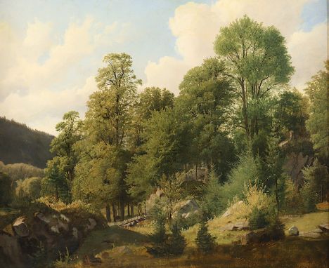 KÖNIG, Ferdinand Adolf Bernhard (1827-1894), "Waldlandschaft mit Felsen", Öl/Malkarton, 46 x 57, unten rechts signiert, R.