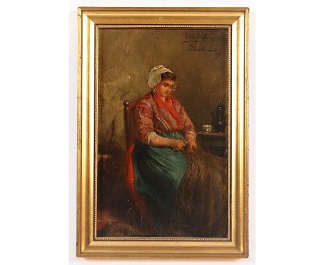 DILLENS, Albert (*1844), "Fischerin", Öl/Holz, 22 x 13,5, oben rechts signiert, "Blankenberg" bez. und "1881" datiert, R.