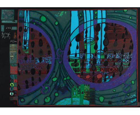 HUNDERTWASSER, Friedensreich, "Rainy day from the rain day", Farbserigrafie mit Metallauflagen, 46 x 64, nummeriert 86/300, h