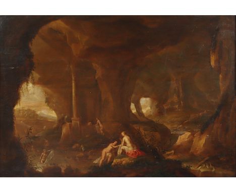 VAN CUYLENBORCH, Abraham (ca.1610-1658), zugeschrieben, "Badende Nymphen in einer Grotte", Öl/Holz, 60 x 84, verso altes Samm