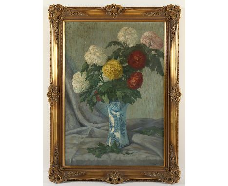 MIESLER, Ernst (1879-1930), "Stilleben mit Chrysanthemen und Delfter Vase", Öl/Lwd., 93 x 65, unten recht signiert und "1913"