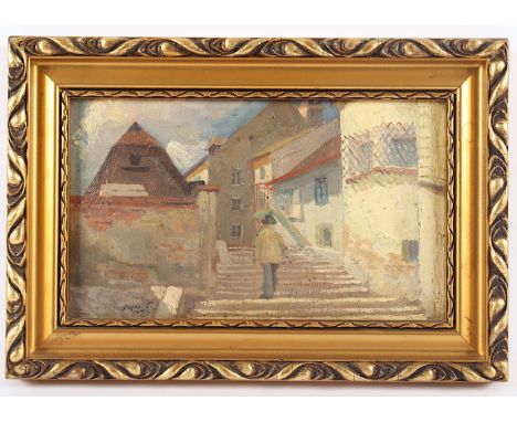 FEJES, Tivadar (*1874), "Szene in einer Kleinstadt", Öl/Malkarton, 16,5 x 26,5, unten links signiert und "1910" datiert, R.