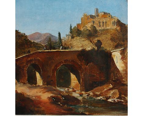 MALER DES 19.JH., "Stadt in Oberitalien", Öl/Lwd., 12 x 11,5, auf Karton aufgezogen, R.