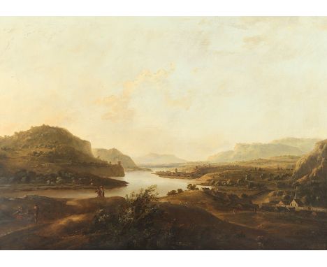 ENGLAND 2.H.18.JH., "Flusslandschaft mit Figuren- und Architekturstaffage", Öl/Lwd., 52 x 73, doubliert, R.