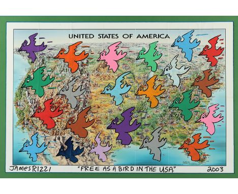 RIZZI, James, "Free as a bird in the U.S.A.", Farbstift auf Farboffset, 46 x 67, unten links handsigniert, betitelt und datie