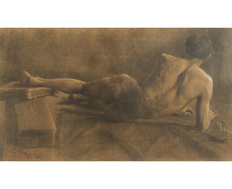 KAFKA, Bohumil (1878-1942), "Liegender männlicher Akt", Kohle/Papier, 63 x 108, besch. und rest., auf Karton aufgezogen, unte