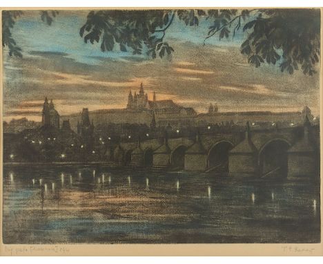 RADA, Vilém Emil (*1901), "Blick über die Karlsbrücke auf den Hradschin in Prag", Mezzotinto, 31,5 x 43, handsigniert und "19