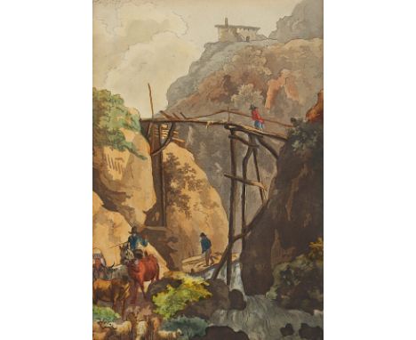 DIETRICH, Christian Wilhelm Ernst (genannt DIETRICY, 1712-1774), "Schlucht mit Holzbrücke und Figuren", Tusche/Aquarell/Papie