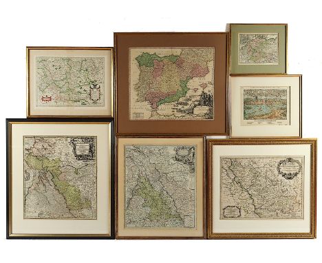 7 LANDKARTEN, kolorierte Kupferstiche, darunter mehrere von Jülich/Kleve/Berg, Herzogtum Berg/Köln (Hondius, 17.Jh.), Deutsch