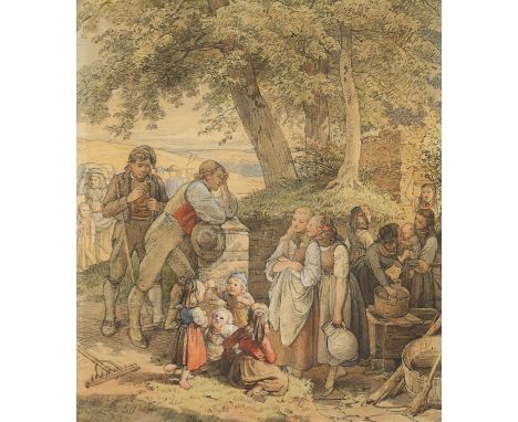 BECKER, Jacob (1810-1872), "Ländliches Idyll", Mischtechnik/Papier, 18 x 16 (Passepartoutausschnitt), unten mittig signiert, 