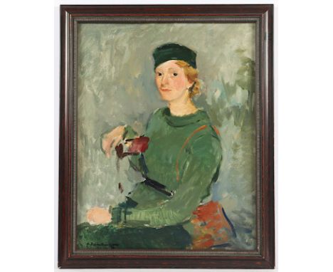 HAMBÜCHEN, Georg (1901-1971), "Portrait einer sitzenden Frau", Öl/Malkarton, 49 x 39, unten links signiert und "30" datiert, 