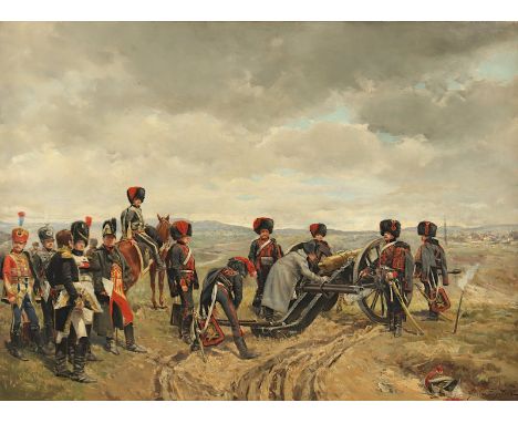 SIGRISTE, Guido (1864-1915), "Napoléon bei der Schlacht von Montereau", Öl/Holz, 54 x 75, besch. und rest., unten rechts sign