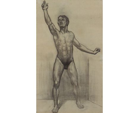 LASSEN, Käte (1880-1956), "Männlicher Akt", Bleistift/Kohle/Papier, 59 x 35 (Passepartoutausschnitt), R.