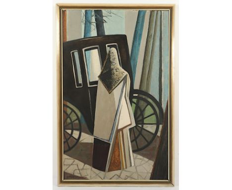 NEUMANN, Gerhard (1907-2004), "Frau vor der Droschke", Öl/Hartfaserplatte, 110 x 69, unten links signiert, verso betitelt, R.