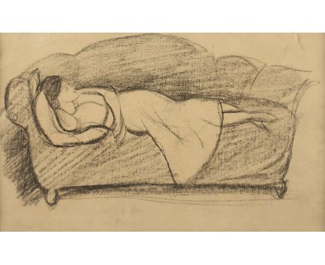 MACKE, August, "Schlafende Frau", Kohle/Papier, ca. 10 x 16,5, 1910, rückseitig: Vier Bildentwürfe, Interieurszenen und Markt