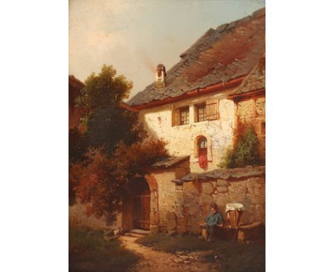 TRIEBEL, Carl (1823-1885), "Ruhepause vor dem Haus", Öl/Malkarton, 25,5 x 20, unten links signiert, R.