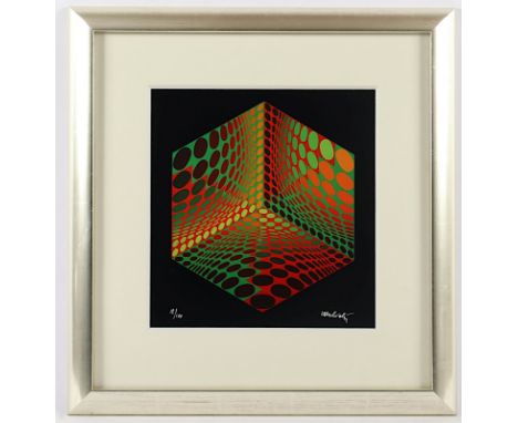 VASARELY, Victor, "Composition avec cube", Farboffset, 27 x 24,5, nummeriert 12/100, handsigniert, R.