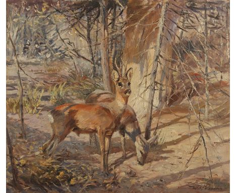 LORENZ, Willi (1901-1981), "Waldinneres mit Rehbock und Ricke", Öl/Lwd., 60 x 70, unten rechts signiert, R.