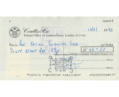 Peter Cushing, OBE signed Cheque. Was an English actor. His acting career spanned over six decades and included appearances i