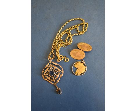 A 9ct gold sapphire pendant, having an unmarked gold chain attached; together with two other gold items. 