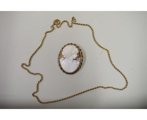 A 9ct gold mounted oval carved shell cameo brooch, total 14.5g; together with a 9ct gold rope twist neck chain, 4.2g. 