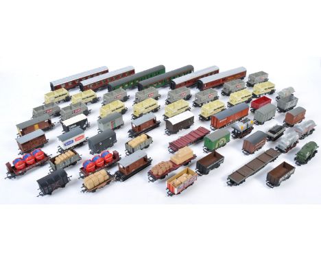A large collection of 50+ assorted 00 gauge model railway train set rolling stock by Hornby, Lima, Peco, Airfix ect to includ