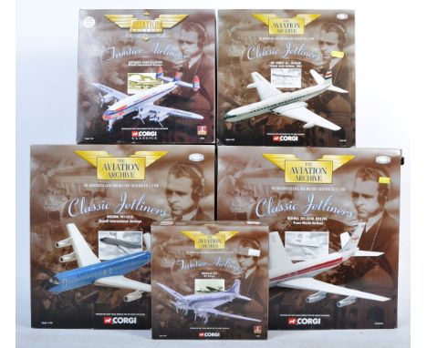 A collection of x5 Corgi made ' Aviation Archive ' diecast model planes / aeroplanes to include Frontier Airliners and Classi