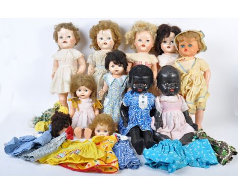 A collection of x9 assorted vintage hard plastic dolls with a selection of clothing items. Makers to include Pedigree and Rod