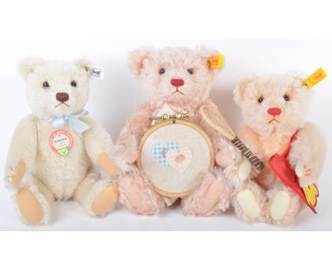 A collection of x3 original German Steiff made soft toy teddy bears. Comprising of 654558 ' Mother ' with embroidery hoop, 65