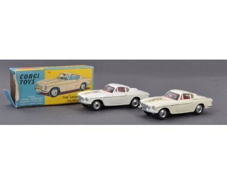 Two original vintage Corgi Toys made diecast model No. 258 ' The Saint's Car - Volvo P1800 '. Both white, with red interior w